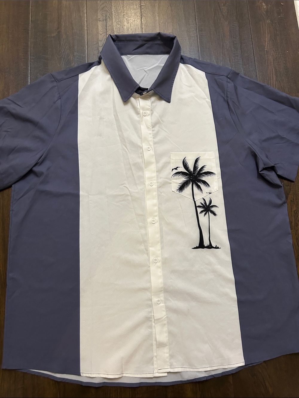 Men's Short-Sleeve Button-Up Shirt in White and Navy with Palm Print